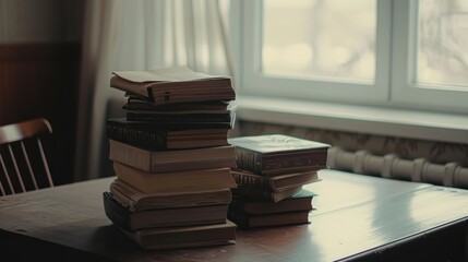 Wall Mural - Stacked Books on a Table by a Window