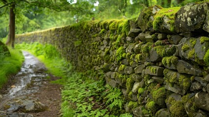 Sticker - Scenic Mossy Stone Wall with Pathway in Nature