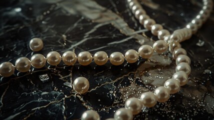 Canvas Print - Elegant Pearls on Dark Marble Surface