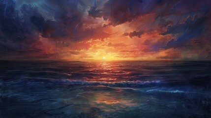 Wall Mural - Dramatic Sunset Over the Calm Ocean Waves