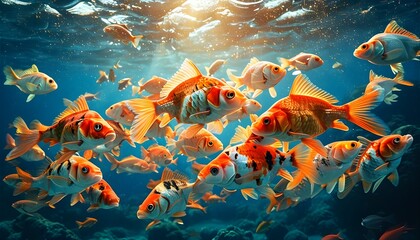 strategic teamwork in a corporate ocean represented by a school of fish collaborating to evade predators