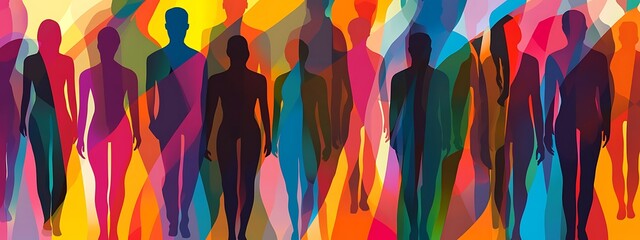 Poster - Silhouettes of people in a colorful abstract background.