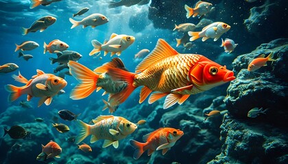 strategic teamwork in a corporate ocean represented by a school of fish collaborating to evade predators