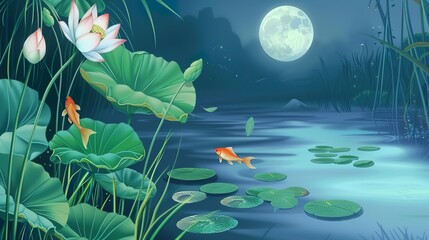 Wall Mural - Summer_Lotus_Leaves_Goldfish_Green_Lotus_Pond_Moonl_