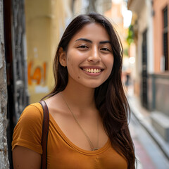 Beautiful young latin woman smiling while standing on a city street