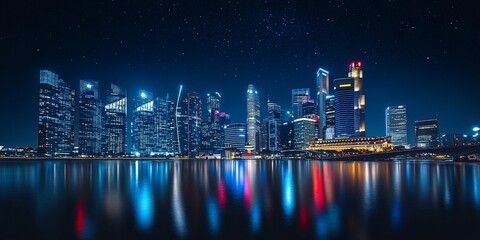 Nighttime cityscape with skyscrapers reflected in water.