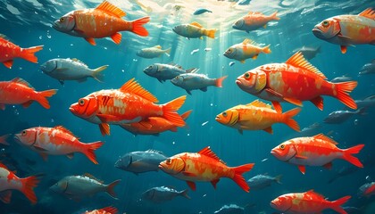 Wall Mural - Fish strategizing their moves to navigate corporate waters, symbolizing teamwork and strategic thinking in business dynamics