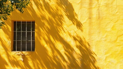 Canvas Print - Bright Yellow Wall with Shadow Play from Leaves