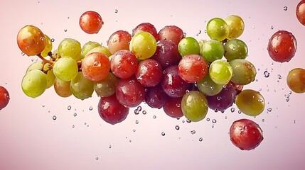 A bunch of red and green grapes floating in mid-air, with a few grapes separated and suspended slightly above and below the main cluster, against a light lilac background.