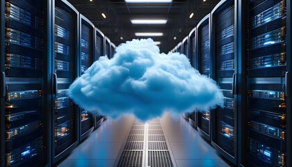 Wall Mural - Blue cloud floating in the heart of a high-tech server room