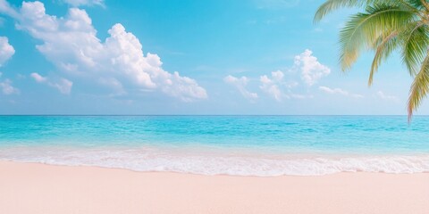 Lovely tropical beach with a backdrop of white clouds and a blue sky. Concept of nature surroundings and summer vacation.