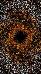 Poster - Abstract beatiful relaxing background of orange and red small circles flying and forming a vortex on black background. Animation. Glittering particles resembling space dust, seamless loop.