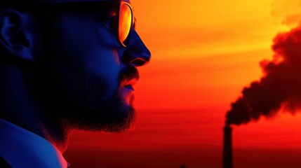 Silhouette of a contemplative man against a vibrant sunset and industrial smoke.