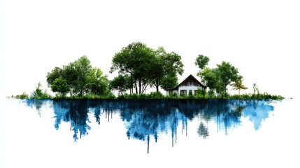 Poster - Serene cabin surrounded by lush trees, reflecting on tranquil water, white isolate background.