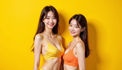 Two women in colorful bikinis against a vibrant yellow background.