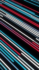 Fototapete - Stream of colorful lines moving diagonally on black background. Animation. Bright lines move in diagonal stream on black background