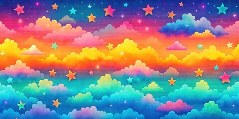 Wall Mural - Colorful and vibrant retro sky pattern with clouds and stars, retro, sky, pattern, vintage, colorful, vibrant, clouds, stars