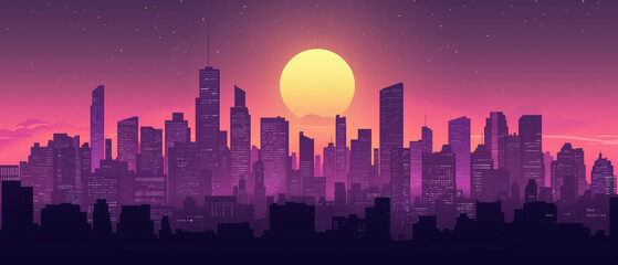 Wall Mural - A vibrant sunset casts a purple hue over a silhouetted city skyline, blending urban architecture and natural beauty in a digital art style.