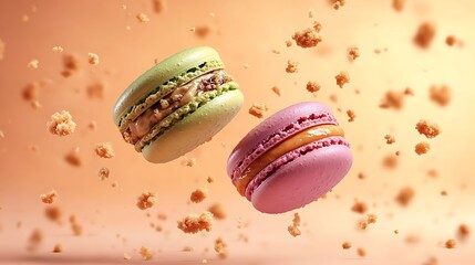 Wall Mural - A pair of macarons in soft pastel colors floating gently in mid-air, with crumbs and fillings suspended around them, set against a pastel peach background.