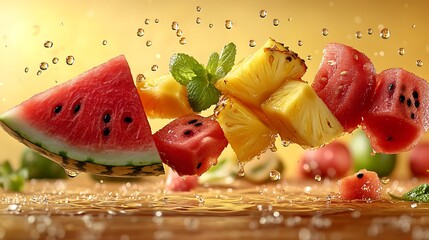 Wall Mural - A set of floating watermelon and pineapple slices in mid-air, with juice droplets frozen in time, against a pastel yellow background. Warm lighting highlights the vibrant,