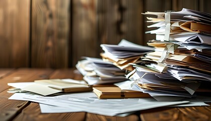 Wall Mural - Cluttered wooden table showcasing a chaotic arrangement of papers and loan documents