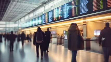 Poster - Passengers walking through a busy airport terminal are looking at the flight information board to check their flight status
