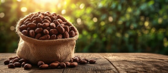 Canvas Print - A burlap sack overflowing with cacao beans on a wooden table with a blurred green background.