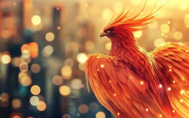 Fiery phoenix bird with glowing feathers against a city lights background.