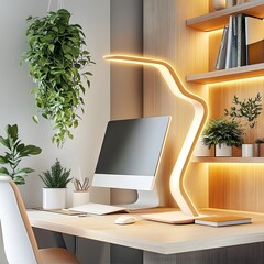 Sticker - Modern Home Office Workspace with Desk Lamp and Plants.