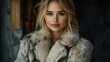 © ThuyTrang - Fashion model standing with arms crossed over chest, wearing a luxurious fur coat, soft evening light creating gentle highlights, elegant dark background, capturing sophistication and power,