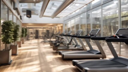 Poster - Bright gym with treadmills, plants, and sunlight, inviting for exercise