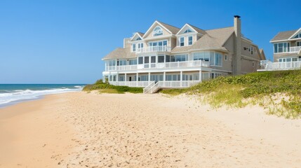 Sticker - A beautiful beach house overlooking the ocean with sandy shores and clear blue skies.