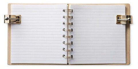 Blank notebook paper isolated with metal clips , stationery, office supplies, copy space, paper clips