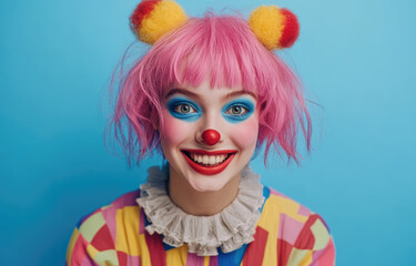 Portrait of a smiling young woman dressed as a clown, with pink hair and colorful makeup, in a studio shot against a light blue background