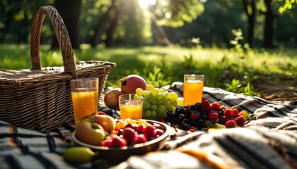 Wall Mural - Tranquil Sunlit Picnic Scene in the Park Featuring Fresh Fruits and Cozy Blankets for Ultimate Outdoor Relaxation