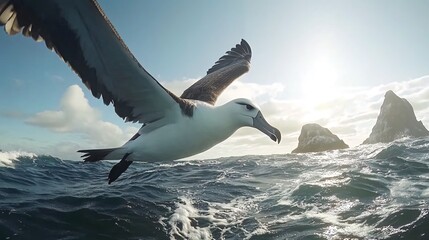 Wall Mural - Albatross in flight over the ocean with rocky cliffs in the background.