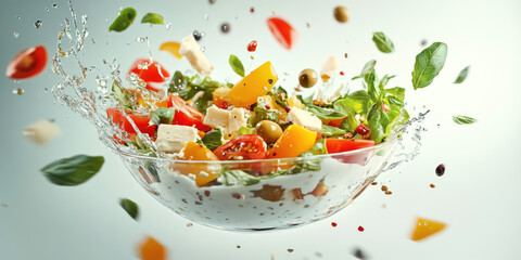 Vibrant salad bowl with flying vegetables, olives, and cheese against a white background