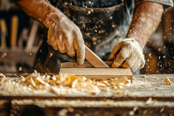 Hands of a worker with a shovel in a workshop surrounded by tools and materials for construction and crafts