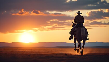 Majestic Cowboy on Horseback Against a Sunset Horizon with Expansive Copy Space and Rich Depth of Field