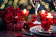 © kavinda - Romantic Valentine's Day candlelit dinner with roses, gift, and elegant table setup