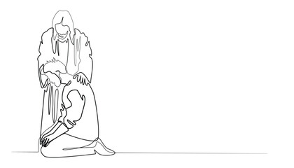 one line vector.God Jesus gives help to the people.God Jesus approaches people who are sad.Hand drawn vector illustration.