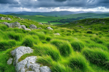 Wall Mural - A serene landscape featuring lush green grass, rocky outcrops, and rolling hills under a cloudy sky.