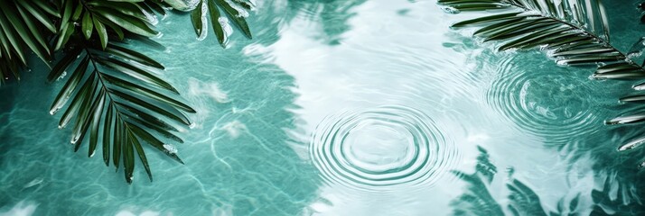 Wall Mural - Tranquil Blue Water with Ripples and Palm Leaves