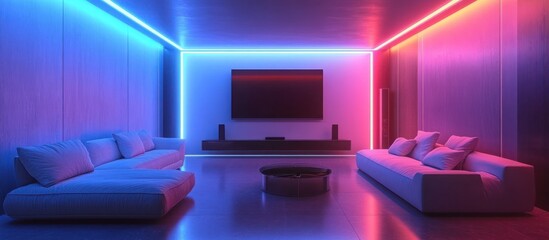 Canvas Print - A modern living room with two white sofas, a flat-screen TV, a round coffee table, and blue and pink neon lights.