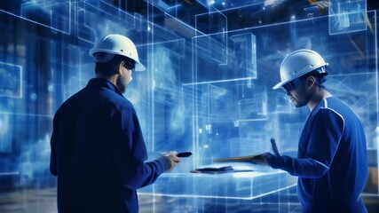 Poster - Two engineers collaborate using ar glasses and a transparent tablet in a futuristic industrial setting, showcasing virtual and augmented reality integration