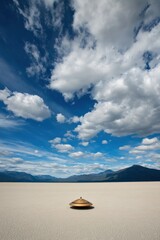 Poster - A serene landscape featuring a golden object on a vast, sandy expanse under a dramatic sky.