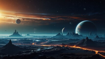 Canvas Print - A breathtaking view of an alien landscape with multiple planets, mountains, and a glowing river.