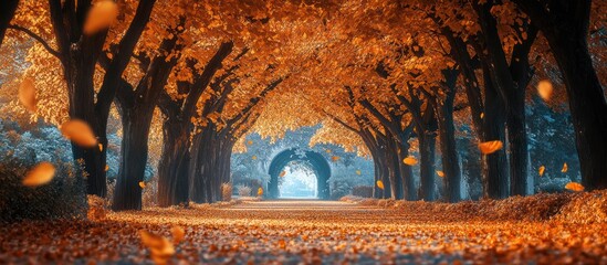 Sticker - A picturesque path lined with golden leaves in autumn, leading through an archway of trees.