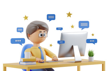 Poster - Cartoon character at desk with a computer, surrounded by chat bubbles and stars on a white background. 3D rendering
