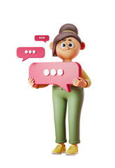 Poster - Cartoon character holding chat bubble with dots, isolated on white background. 3D rendering. Concept of communication
